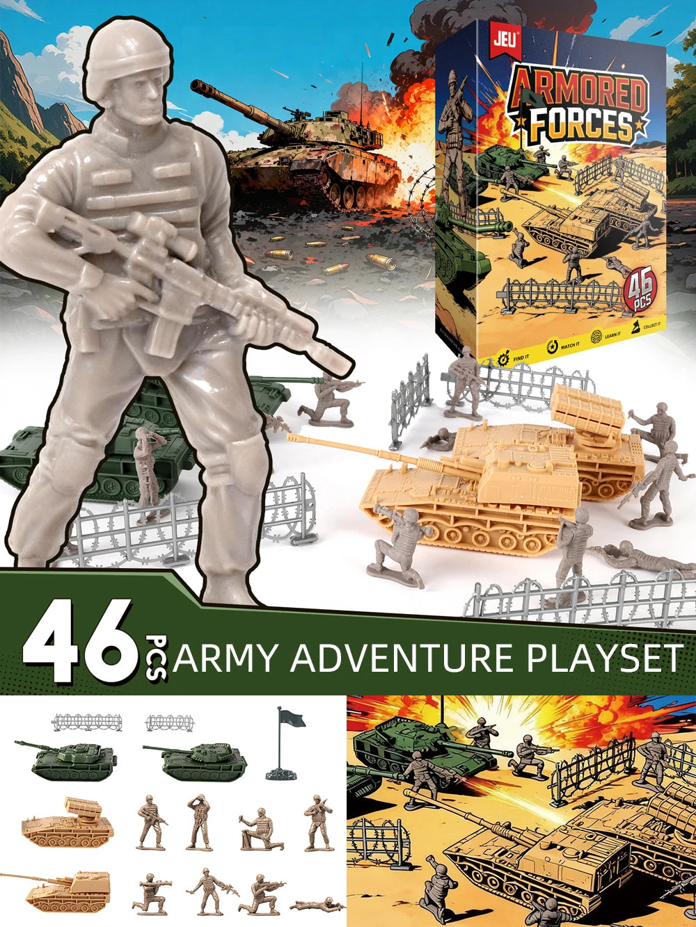 ViiKONDO Army Men Toy Military Adventure Playset Armored Forces Battlefield Tank Warship Soldier Figure Fun Wargame Colorful Box