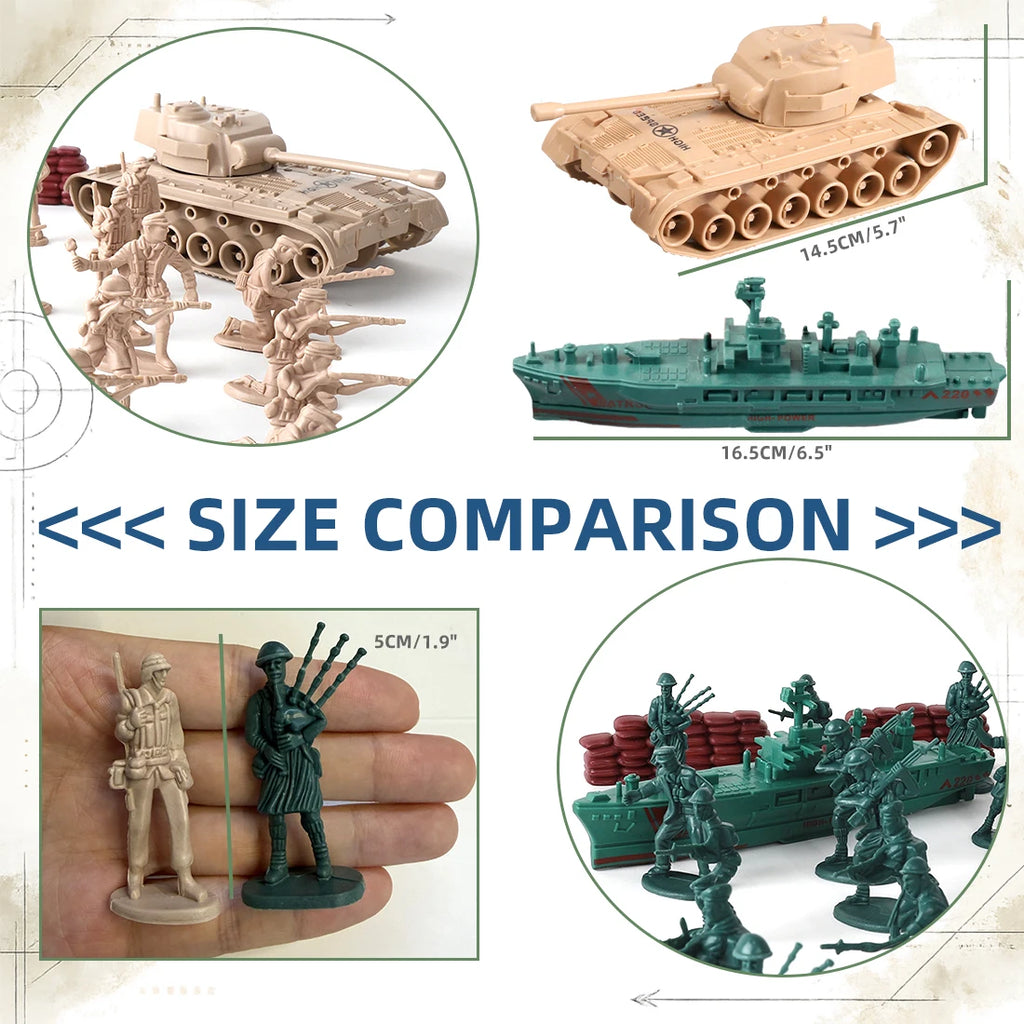 ViiKONDO 70 PCS Military Playset Green VS Tan Soldier Battlefield Armored Vehicle Tank Fighter Warship Model Tabletop Wargaming