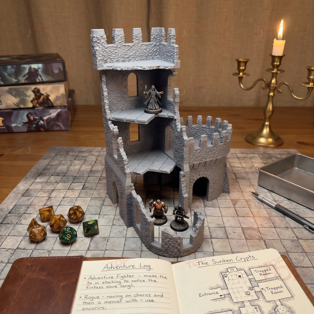 Abandoned Fortress Terrain, TTRPG Tabletop Style, Ruined Castle Scenery Model, Wargame Diorama Prop, Game pieces and components.