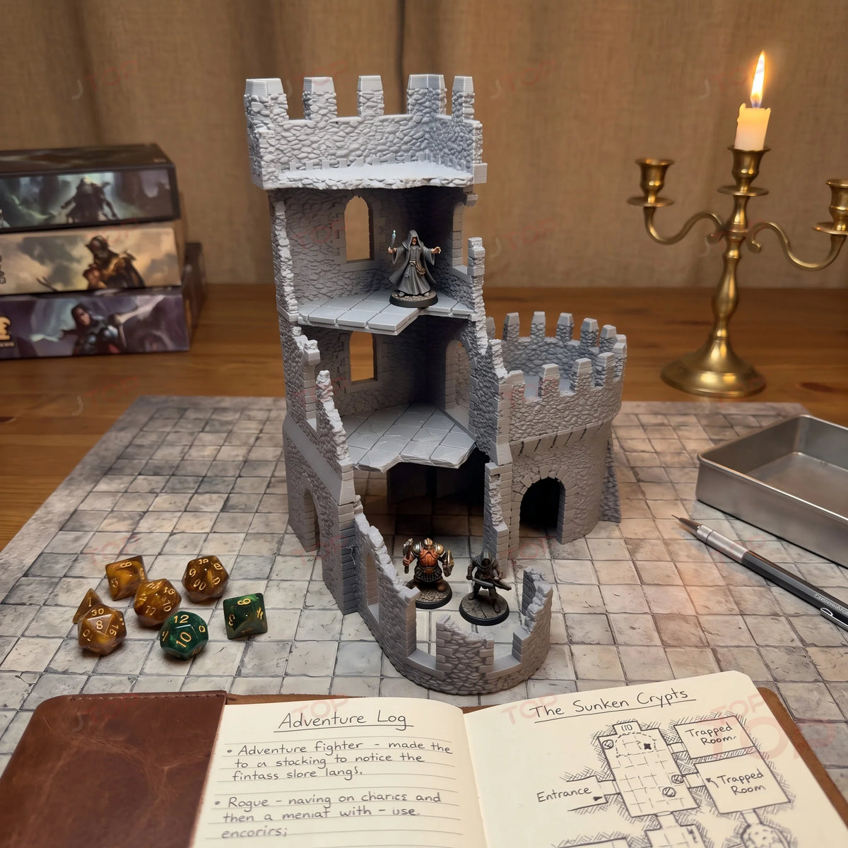 Abandoned Fortress Terrain, TTRPG Tabletop Style, Ruined Castle Scenery Model, Wargame Diorama Prop, Game pieces and components.