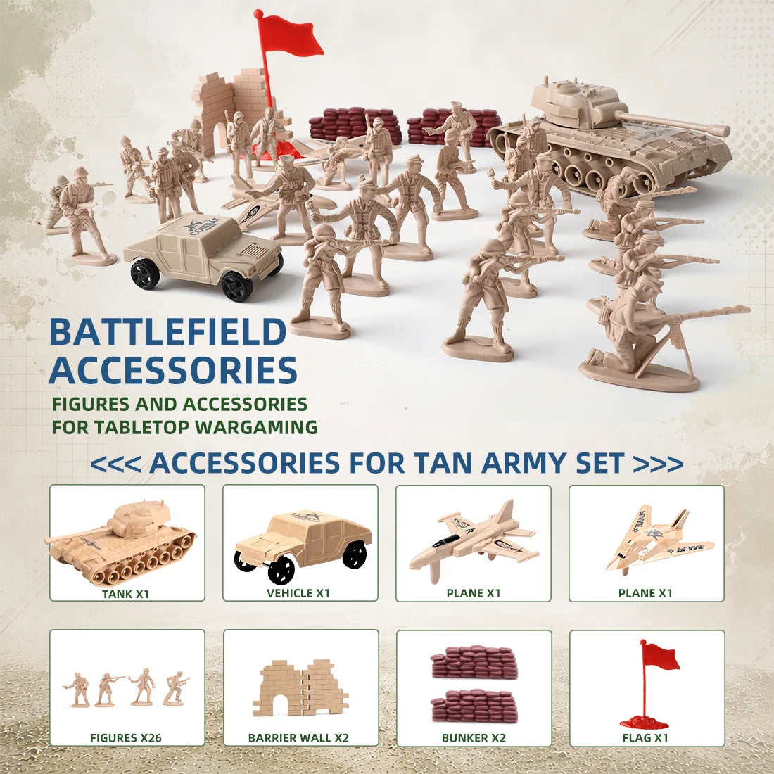 ViiKONDO 70 PCS Military Playset Green VS Tan Soldier Battlefield Armored Vehicle Tank Fighter Warship Model Tabletop Wargaming