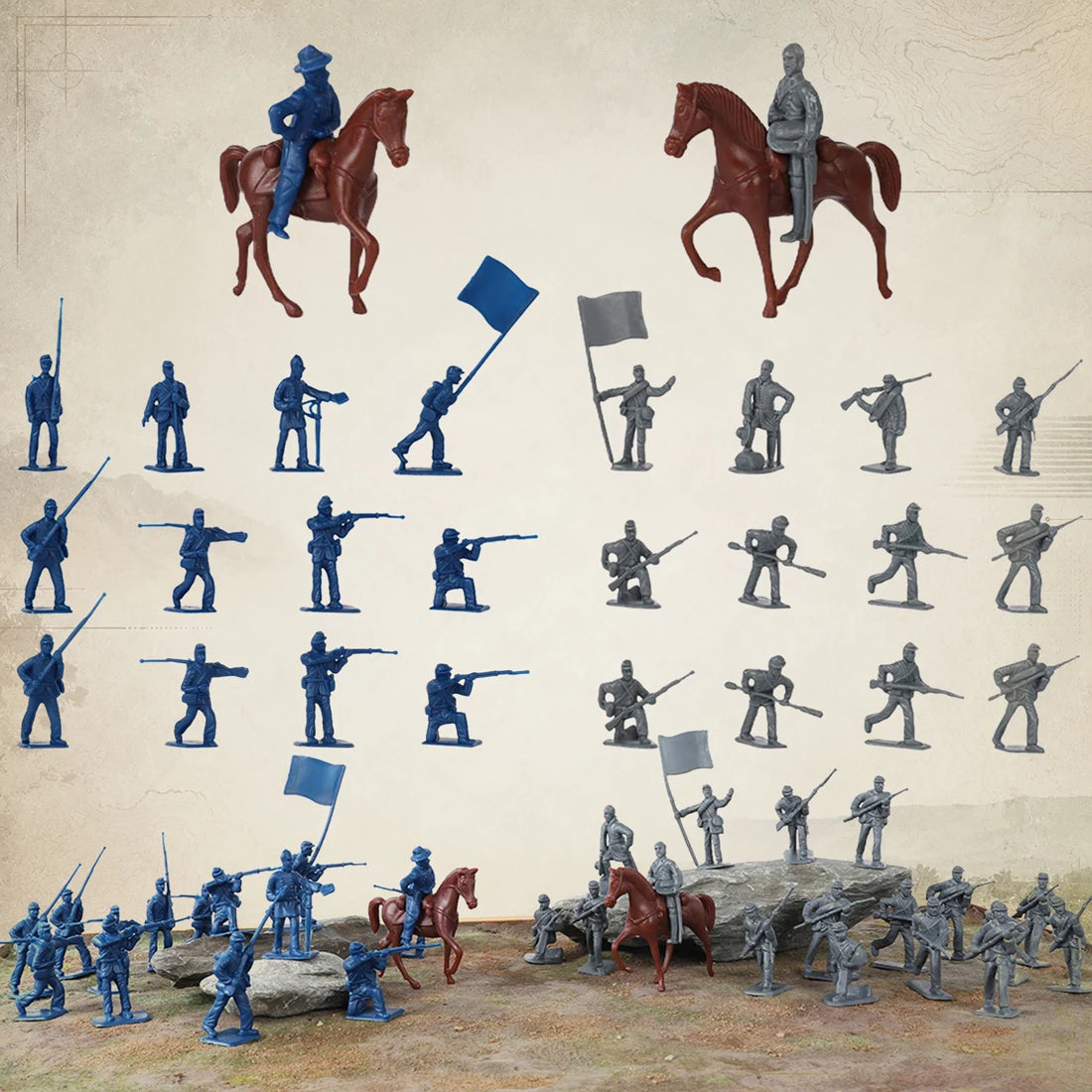 ViiKONDO 80 PCS Blue & Gray Historical Plastic Miniature Figures Set with Horse Models for Tabletop Gaming and Diorama Displays