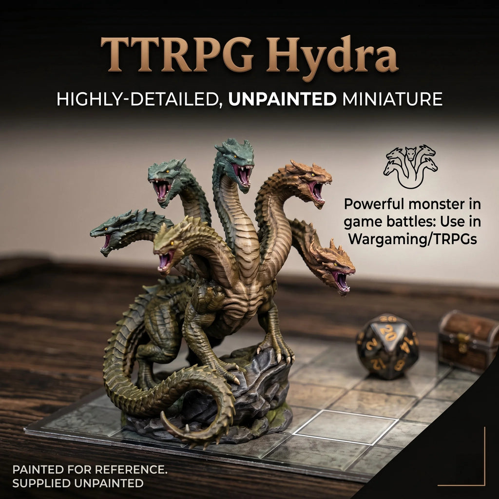 Unpainted Hydra Miniature Ornament, TTRPG Style, Tabletop Wargame Figurine