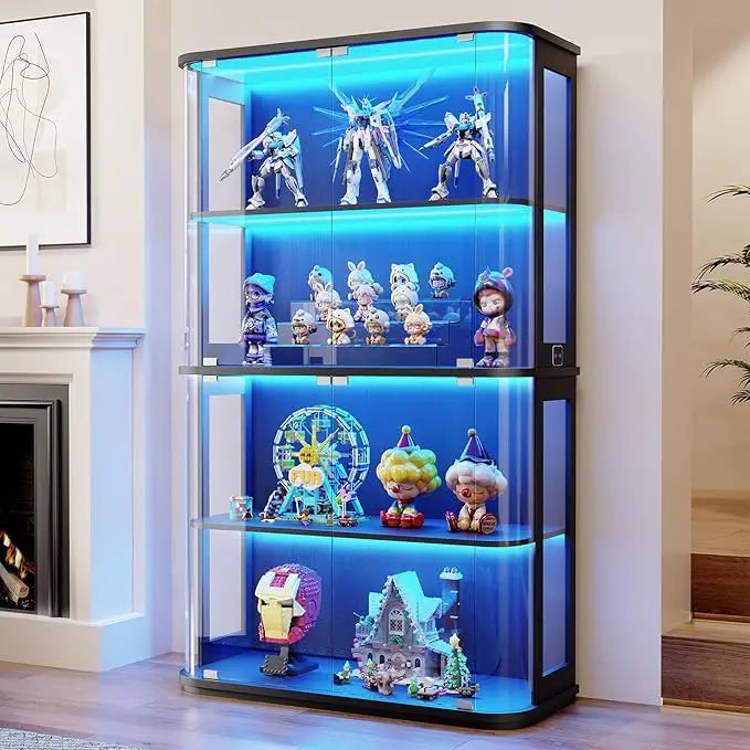 BROTTAR Large Rounded Display Cabinet with Glass Door, 4-Tier Curio Cabinet with 3 Color Lights for Collectibles, Glass Display