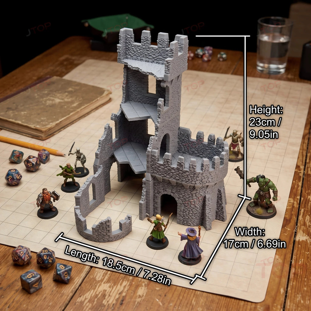 Abandoned Fortress Terrain, TTRPG Tabletop Style, Ruined Castle Scenery Model, Wargame Diorama Prop, Game pieces and components.