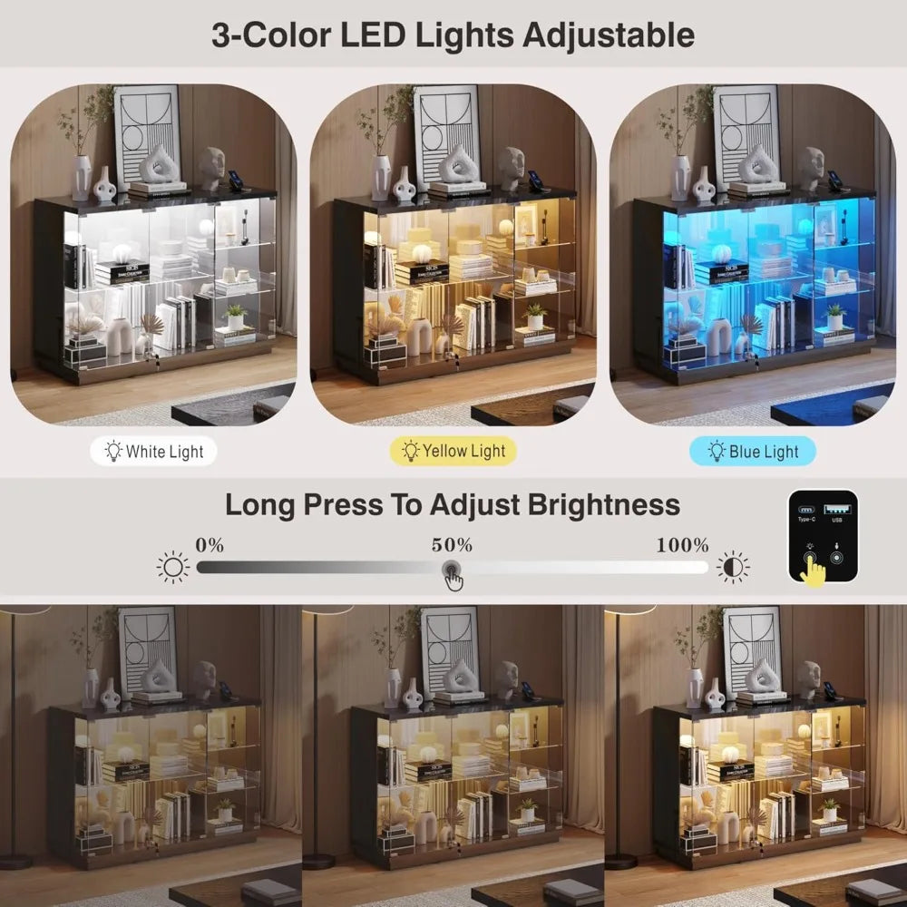 Smart Glass Display Cabinet with LED Lights & Sensor, High Gloss Sideboard for Toys, Books, Collectibles