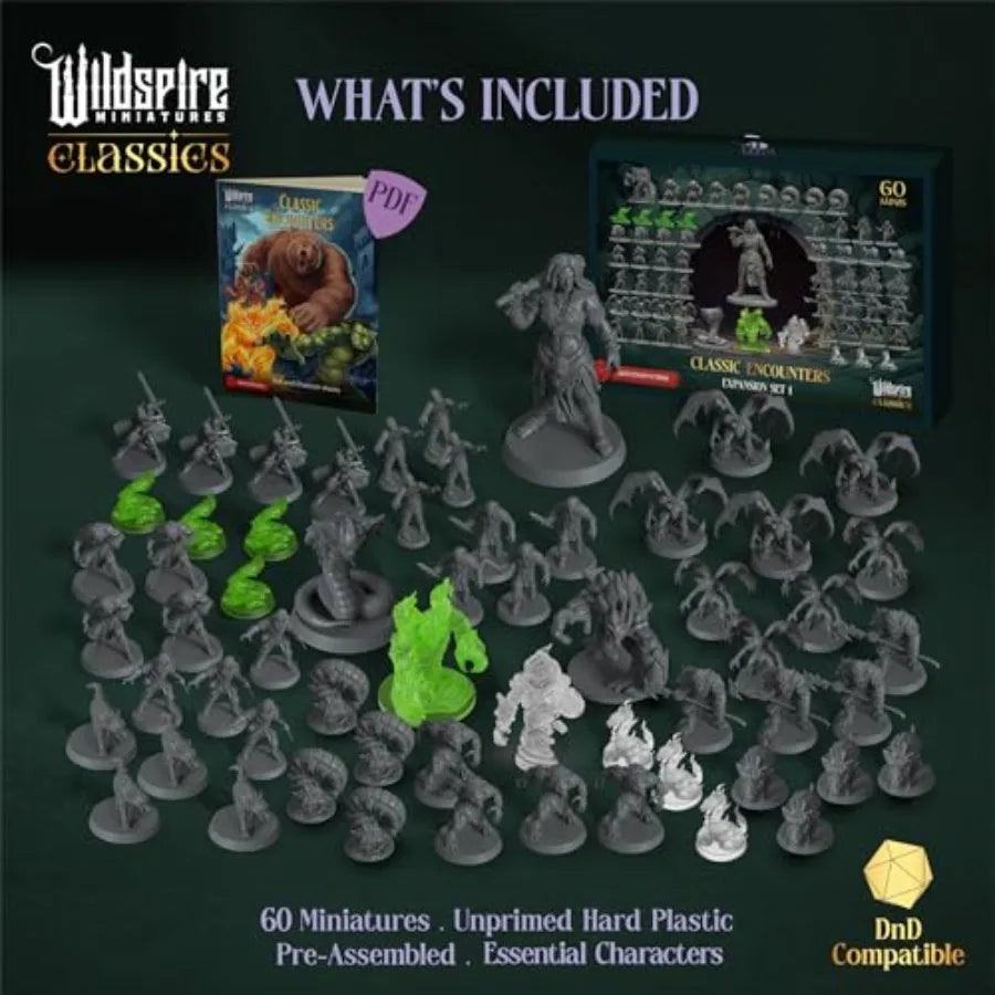 Classic Encounters - Expansion Set I - 60 Iconic DND Miniatures Bulk Monsters, Unpainted Tabletop RPG DND Minis,
