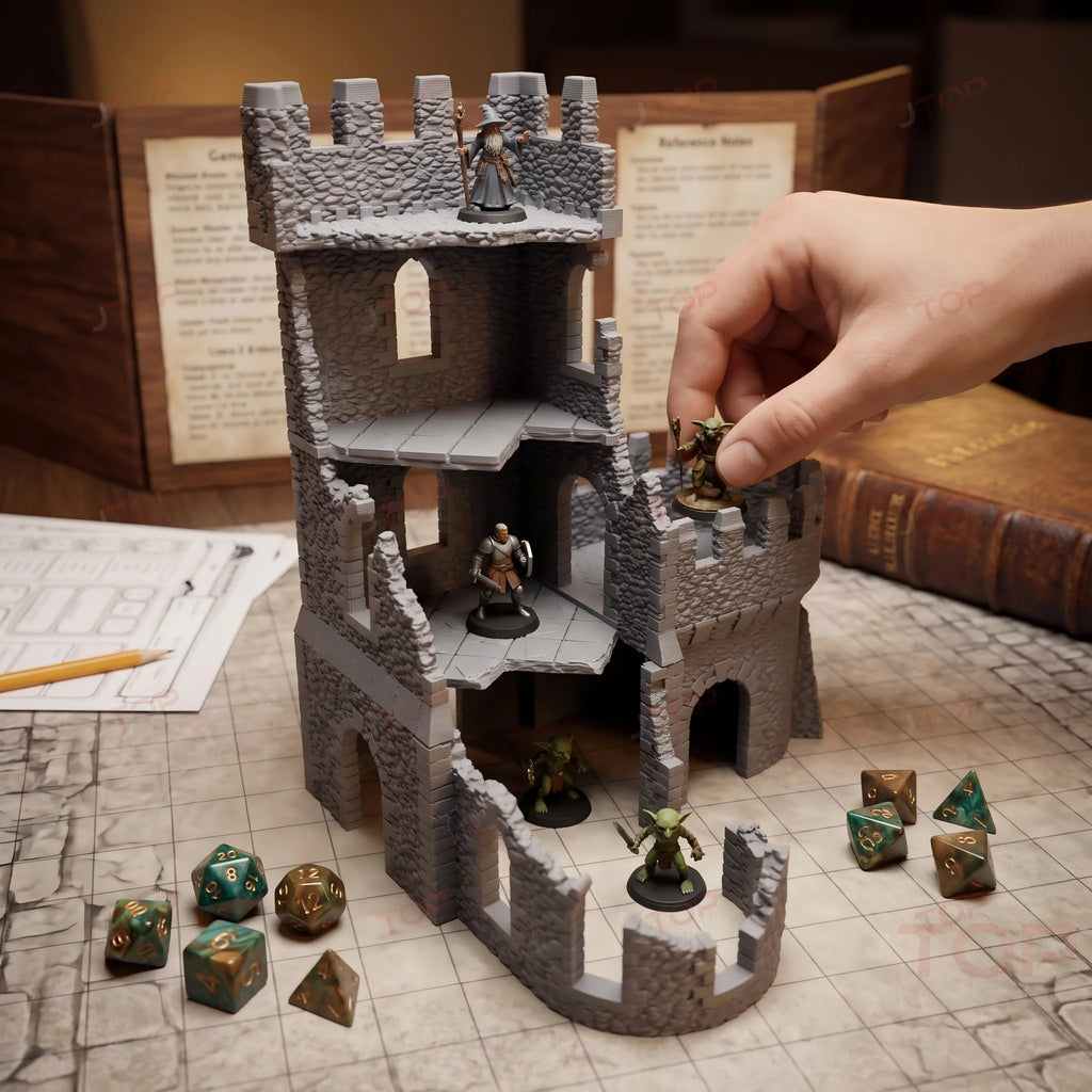 Abandoned Fortress Terrain, TTRPG Tabletop Style, Ruined Castle Scenery Model, Wargame Diorama Prop, Game pieces and components.