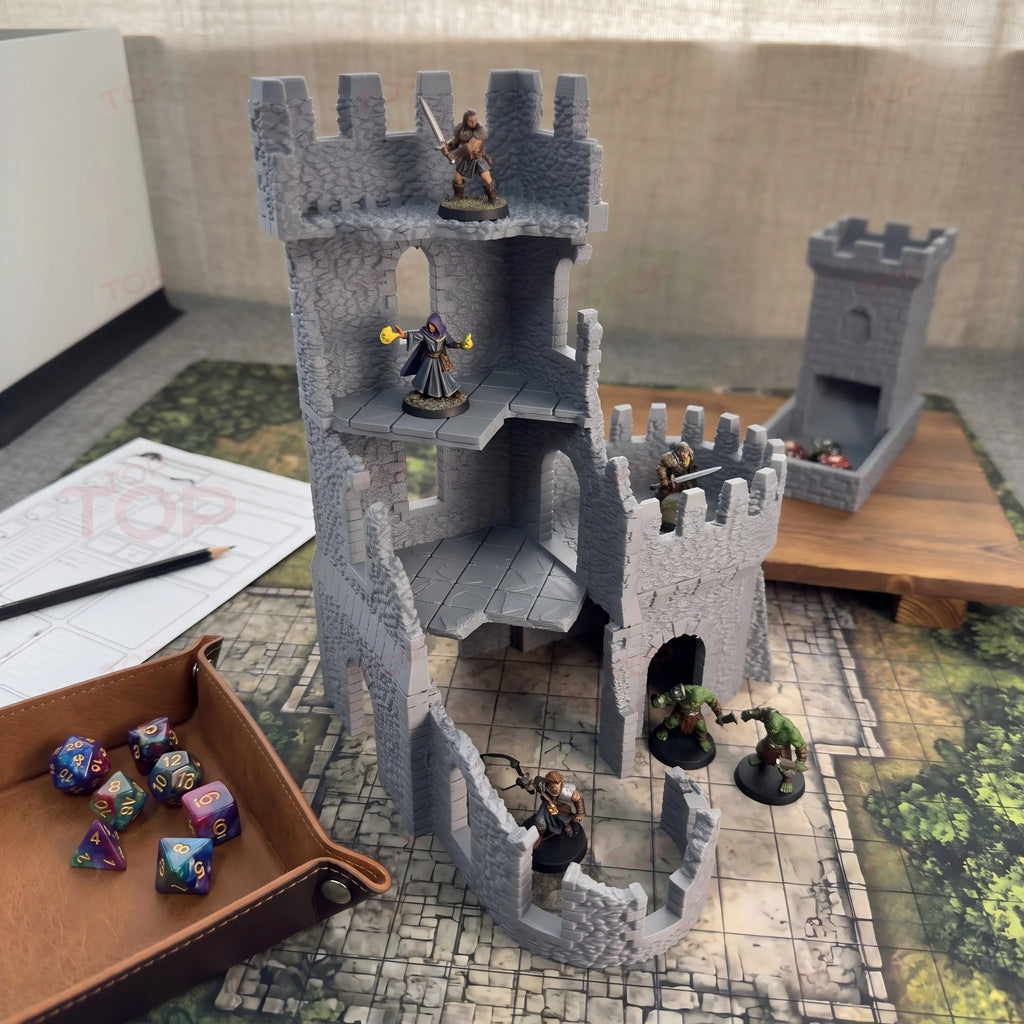 Abandoned Fortress Terrain, TTRPG Tabletop Style, Ruined Castle Scenery Model, Wargame Diorama Prop, Game pieces and components.