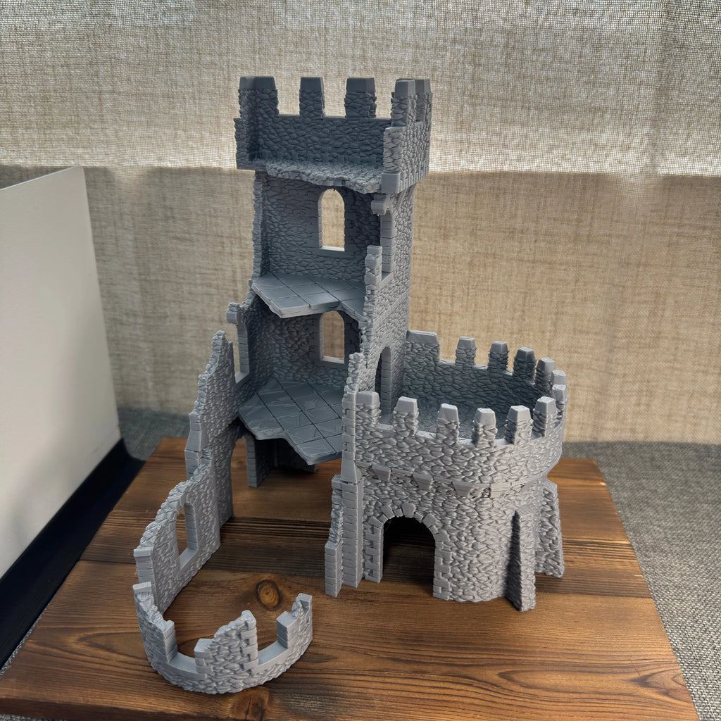 Abandoned Fortress Terrain, TTRPG Tabletop Style, Ruined Castle Scenery Model, Wargame Diorama Prop, Game pieces and components.