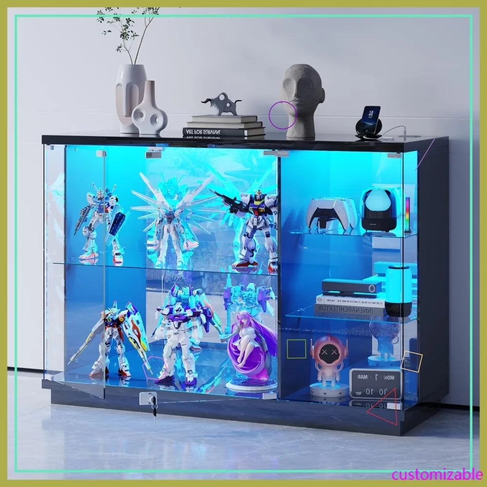Smart Glass Display Cabinet with LED Lights & Sensor, High Gloss Sideboard for Toys, Books, Collectibles