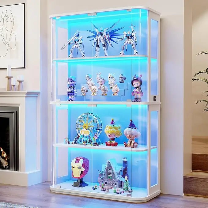 BROTTAR Large Rounded Display Cabinet with Glass Door, 4-Tier Curio Cabinet with 3 Color Lights for Collectibles, Glass Display