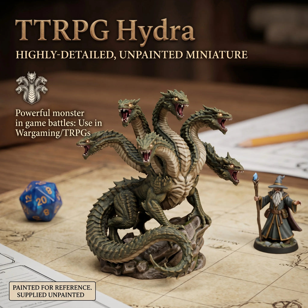 Unpainted Hydra Miniature Ornament, TTRPG Style, Tabletop Wargame Figurine
