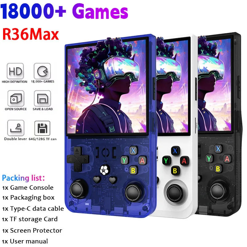 Open Source R36MAX Retro Handheld Video Game Console RK3326 Chip 64/128G 18000+Games Linux System Portable Pocket Game Player