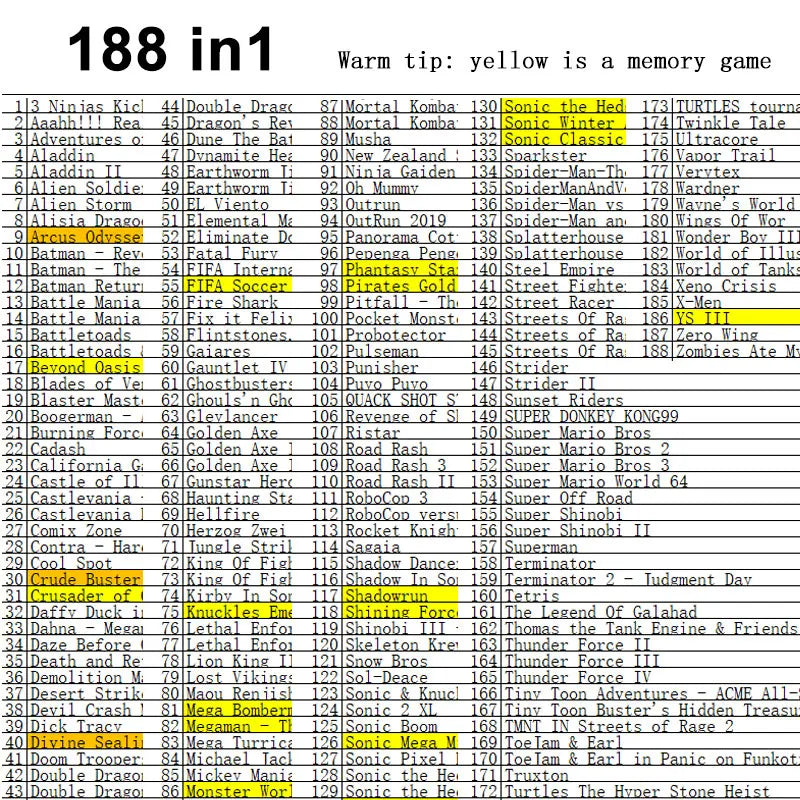188 IN 1 Games Cartridge For Genesis/MD, Battery Save, Green Shell