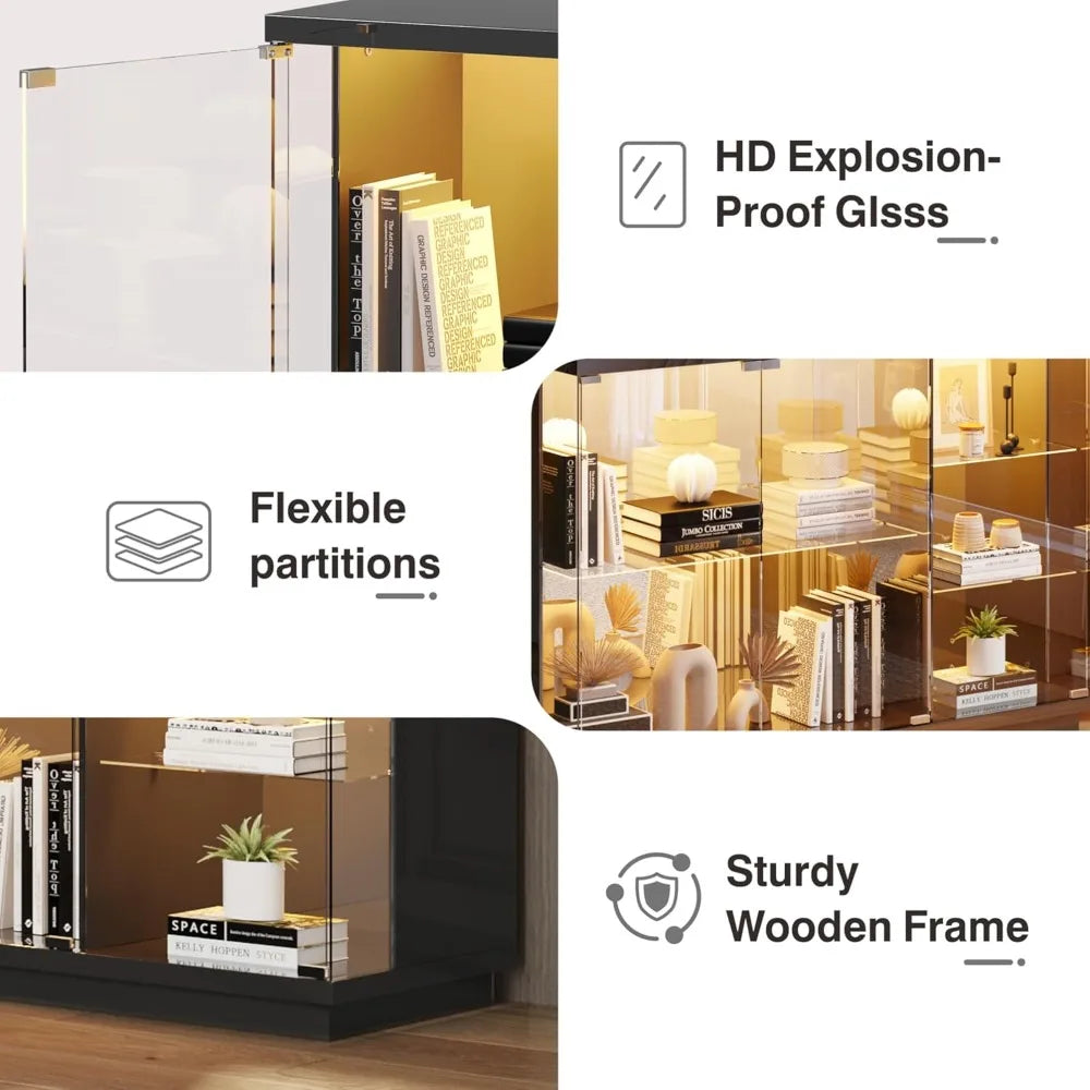 Smart Glass Display Cabinet with LED Lights & Sensor, High Gloss Sideboard for Toys, Books, Collectibles