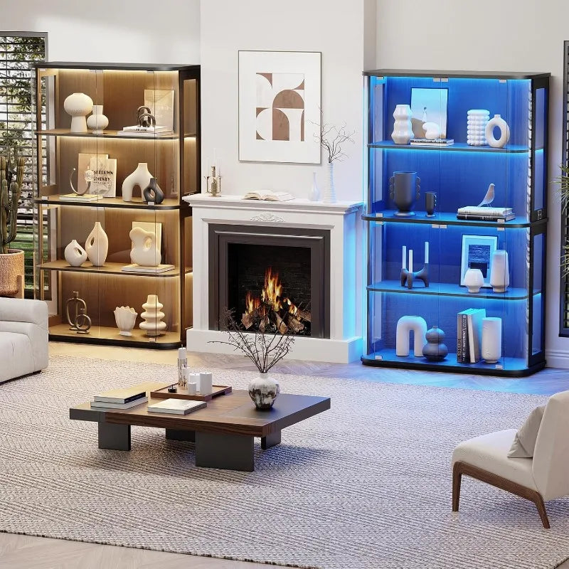 BROTTAR Large Rounded Display Cabinet with Glass Door, 4-Tier Curio Cabinet with 3 Color Lights for Collectibles, Glass Display