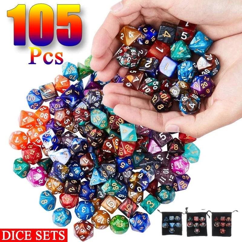 New Pearlescent Polyhedral RPG Dice Set 105/70/49/35/21/7Pcs Multicolor  Dice Role-Playing Board Games with Storage Pouches