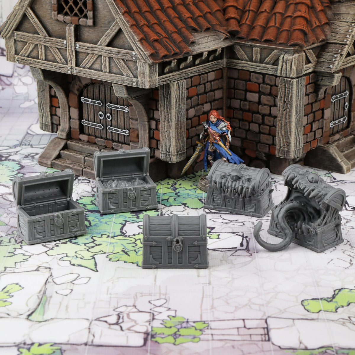RPG Mimic Chest Miniature Model Set, Fantasy TTRPG Accessory, Hidden Monster Treasure Box for Tabletop Role Play Game Scenes
