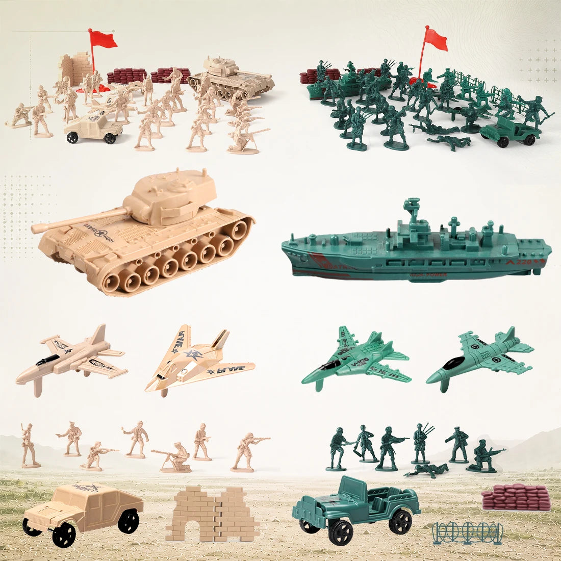 ViiKONDO 70 PCS Military Playset Green VS Tan Soldier Battlefield Armored Vehicle Tank Fighter Warship Model Tabletop Wargaming