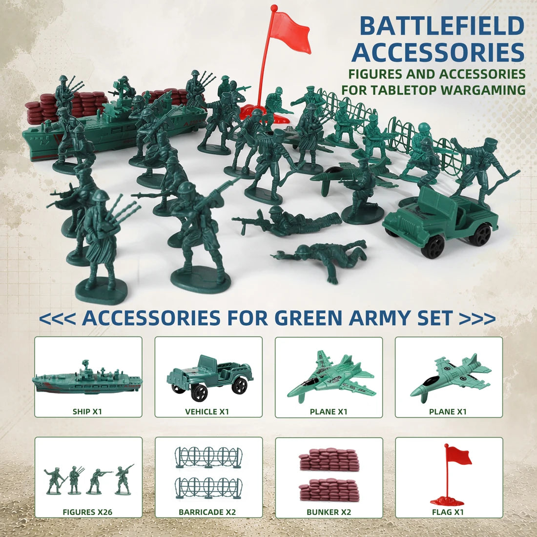 ViiKONDO 70 PCS Military Playset Green VS Tan Soldier Battlefield Armored Vehicle Tank Fighter Warship Model Tabletop Wargaming