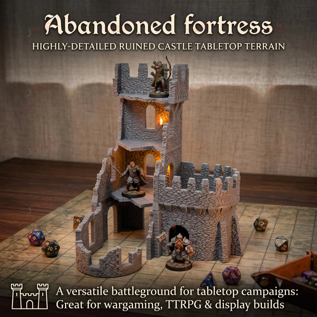 Abandoned Fortress Terrain, TTRPG Tabletop Style, Ruined Castle Scenery Model, Wargame Diorama Prop, Game pieces and components.
